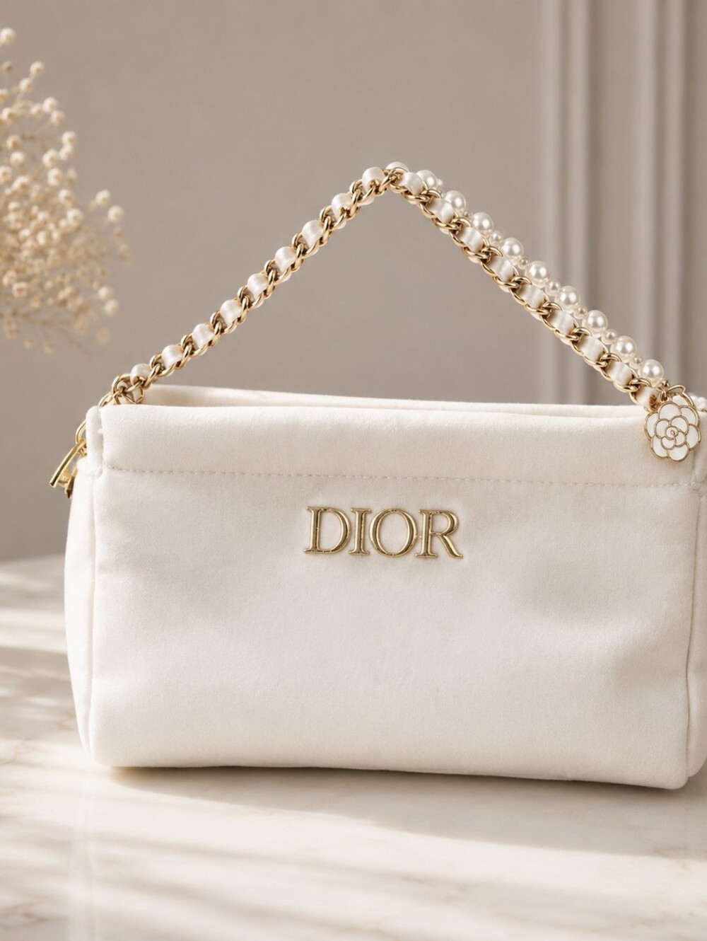 New Dior White Velvet Pouch Clutch Bag W Gold Empbossed Logo Pearl Chain Strap